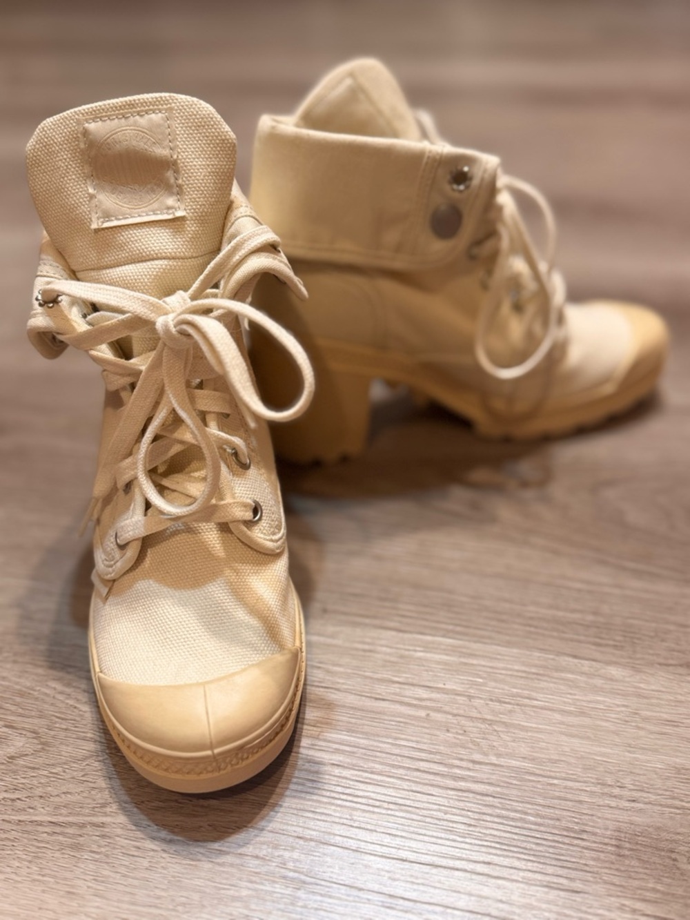 Women’s Palladium Baggy Chunky Heel Ecru Putty Canvas Lace-up Combat Boot